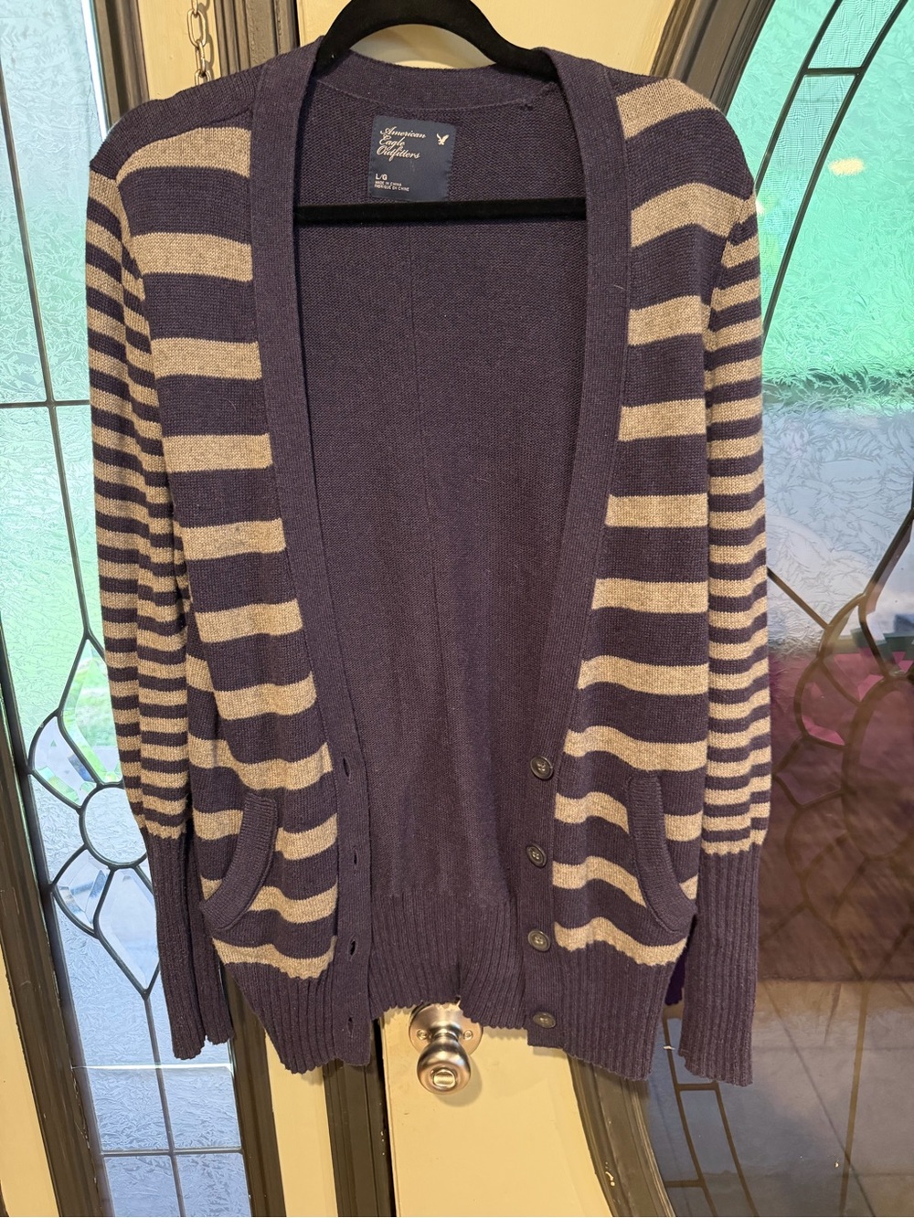 Y2K Vintage American Eagle Striped Button-Front Cardigan - Navy & Grey